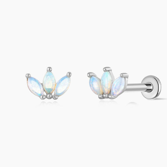 14K Solid White Gold Marquise Opal Cluster Stud
