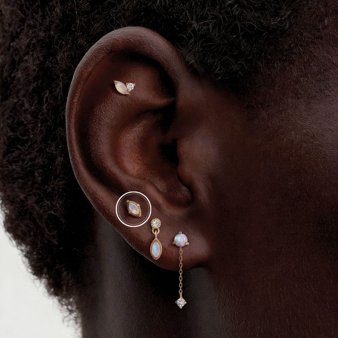 14K Solid Yellow Gold Marquise Opal Flat Back Piercing Stud