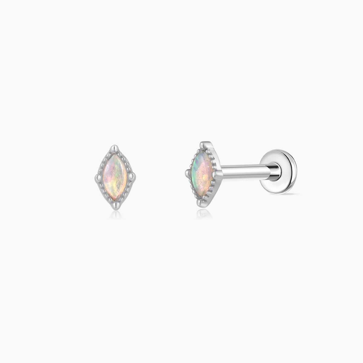 14K Solid White Gold Marquise Opal Flat Back Piercing Stud