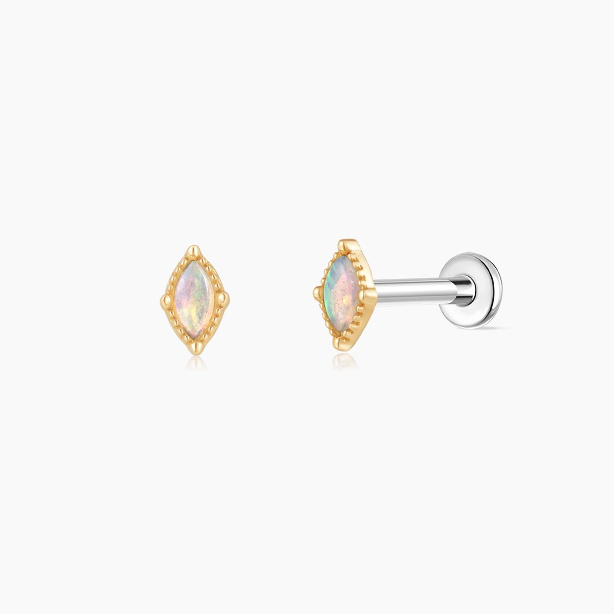 14K Solid Yellow Gold Marquise Opal Flat Back Piercing Stud