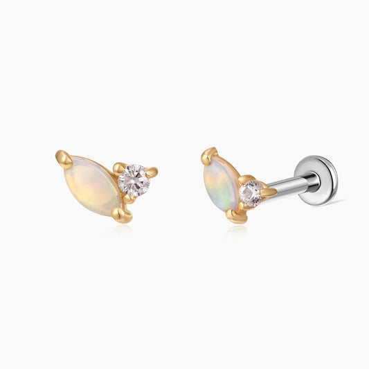 14K Solid Yellow Gold Marquise Opal & CZ/Moissanite Piercing Stud