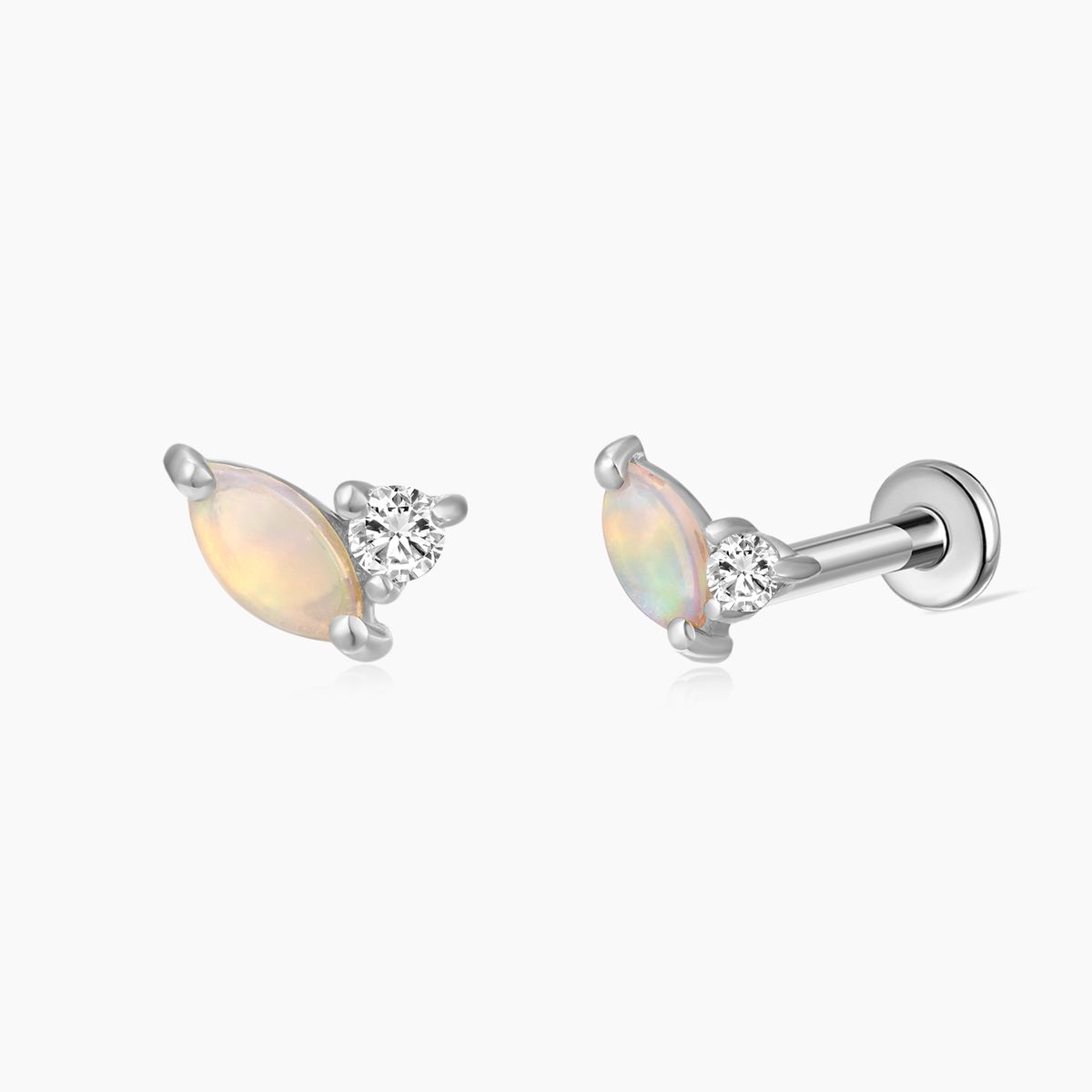 14K Solid White Gold Marquise Opal & CZ/Moissanite Piercing Stud