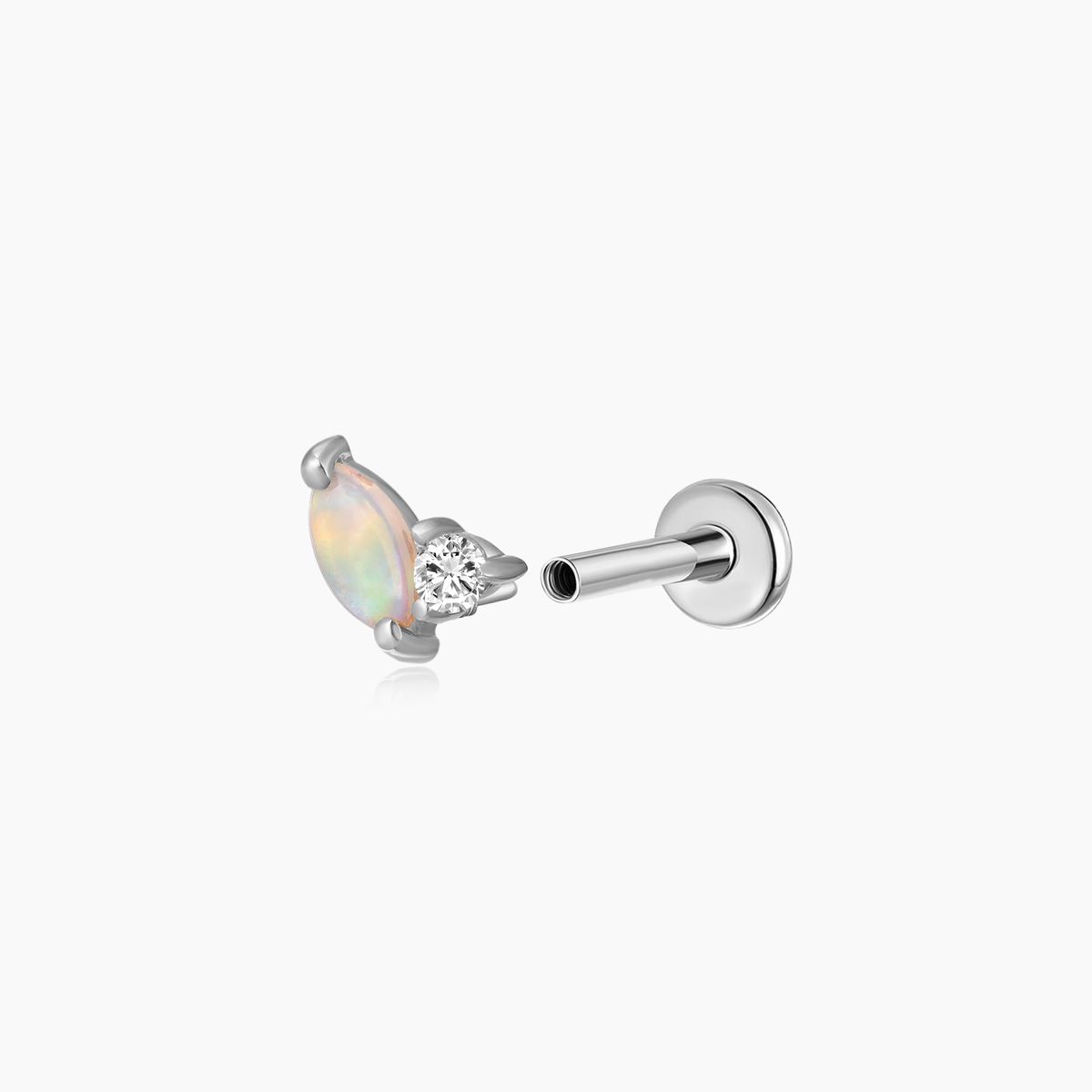 14K Solid White Gold Marquise Opal & CZ/Moissanite Piercing Stud