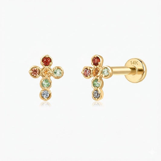14K Solid Yellow Gold Multi-Gem Cross Flat Back Stud & Solid Gold Post