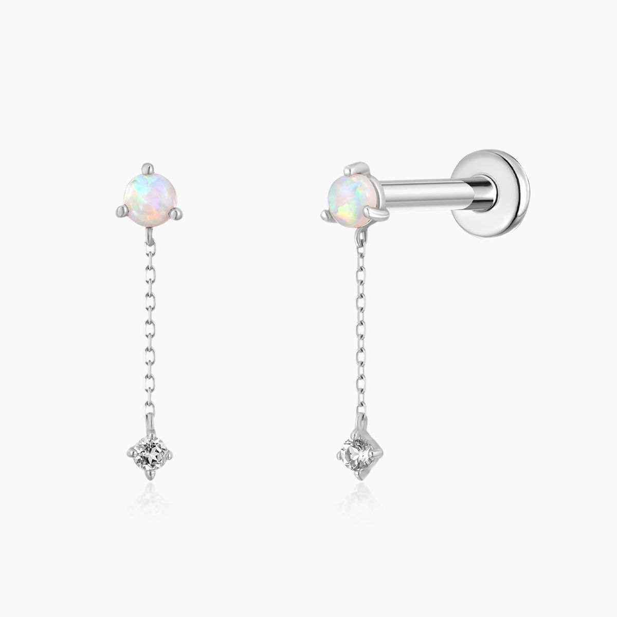 14K Solid White Gold Opal Chain Dangle