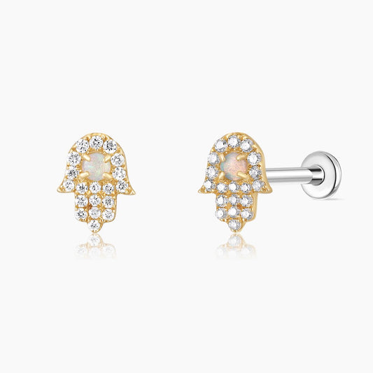 14K Solid Yellow Gold Opal Hamsa Flat Back Piercing Stud