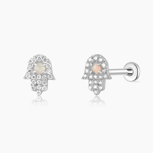 14K Solid White Gold Opal Hamsa Flat Back Piercing Stud