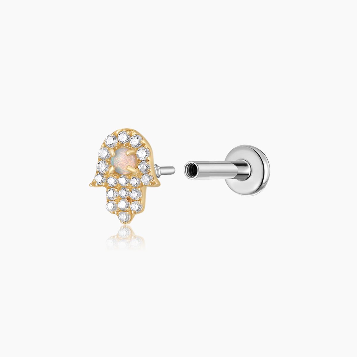 14K Solid Yellow Gold Opal Hamsa Flat Back Piercing Stud