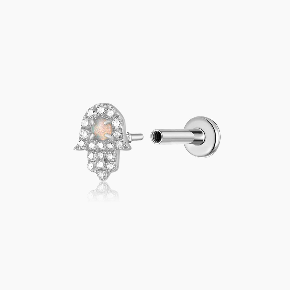 14K Solid White Gold Opal Hamsa Flat Back Piercing Stud