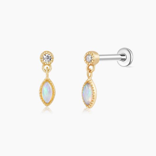 14K Solid Yellow Gold Opal Marquise Dangle Flat Back Piercing