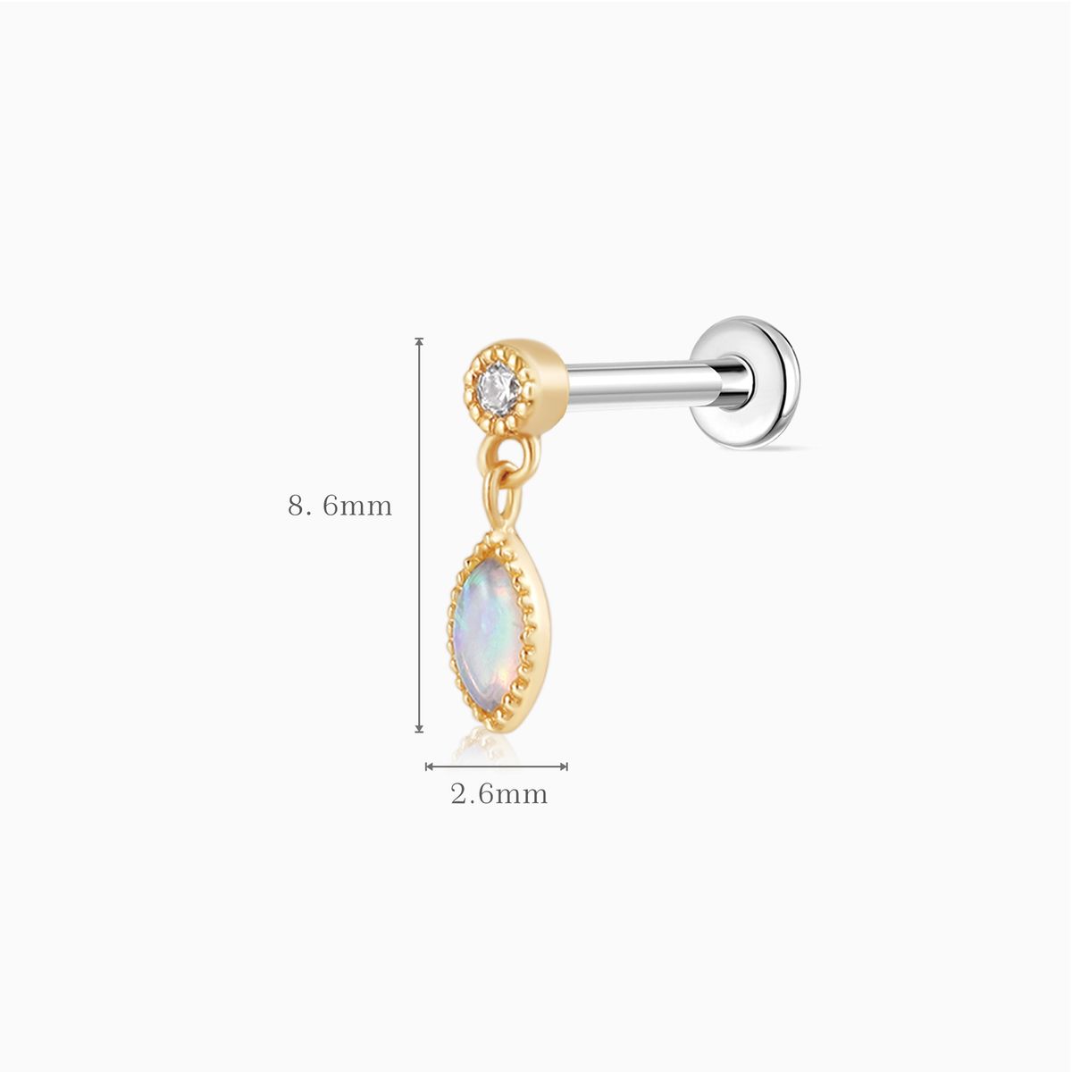 14K Solid Yellow Gold Opal Marquise Dangle Flat Back Piercing