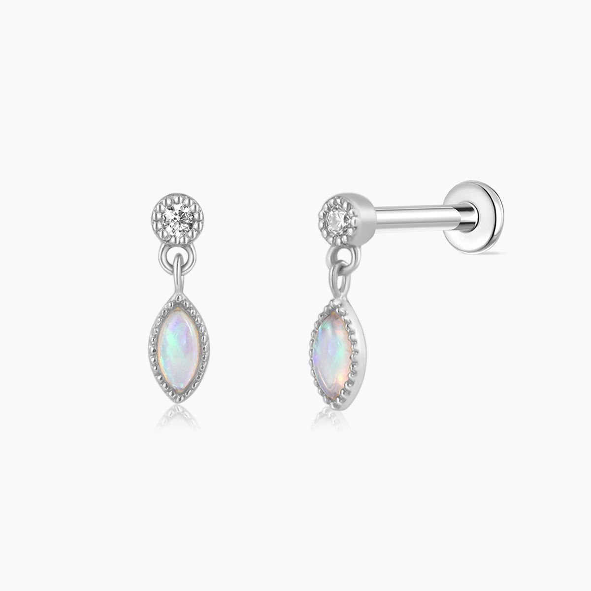 14K Solid White Gold Opal Marquise Dangle Flat Back Piercing