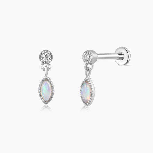 14K Solid White Gold Opal Marquise Dangle Flat Back Piercing