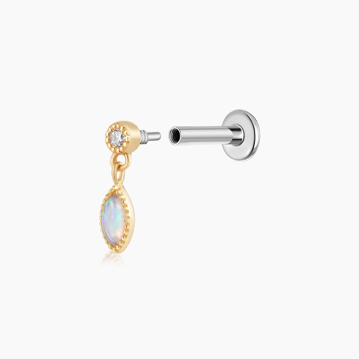 14K Solid Yellow Gold Opal Marquise Dangle Flat Back Piercing