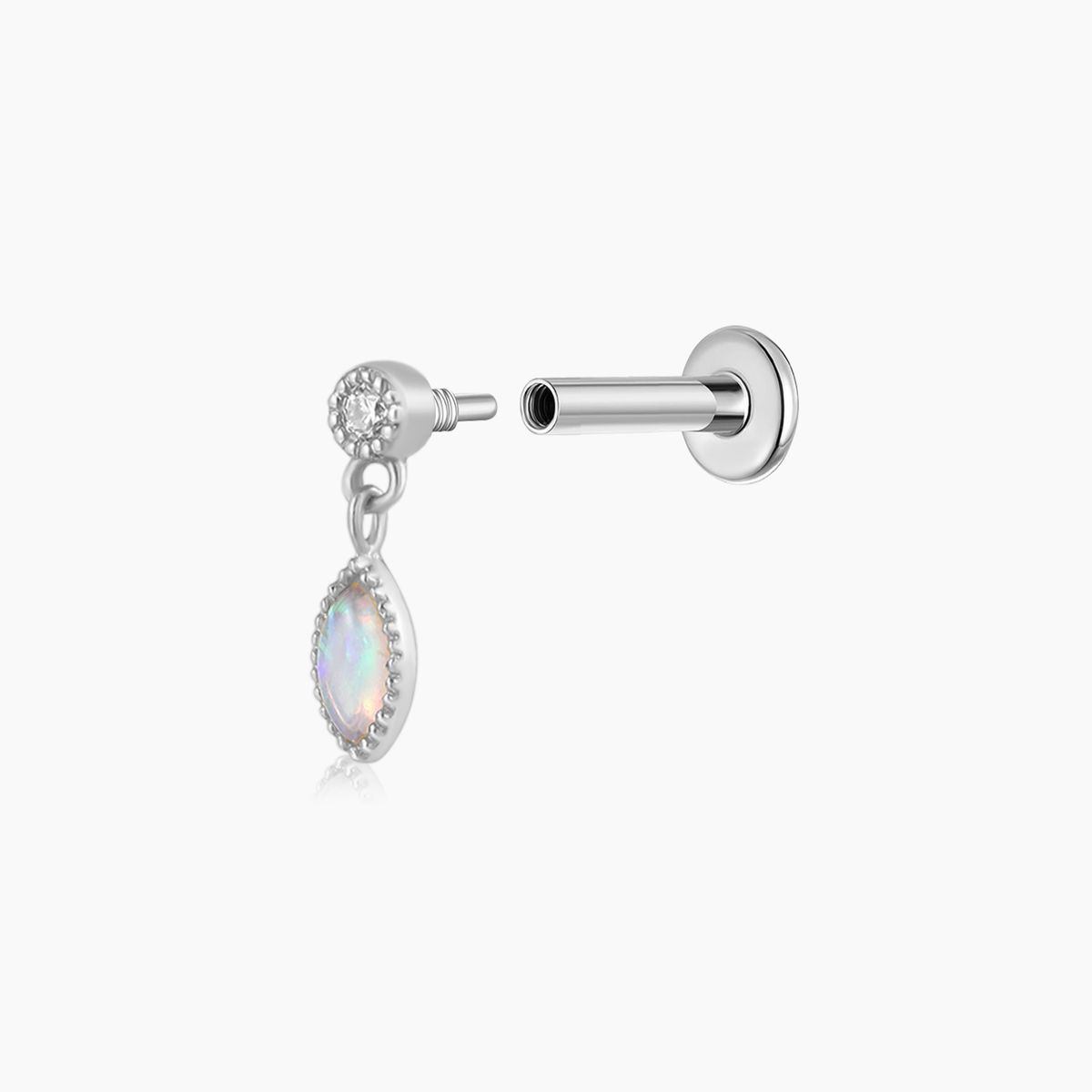 14K Solid White Gold Opal Marquise Dangle Flat Back Piercing