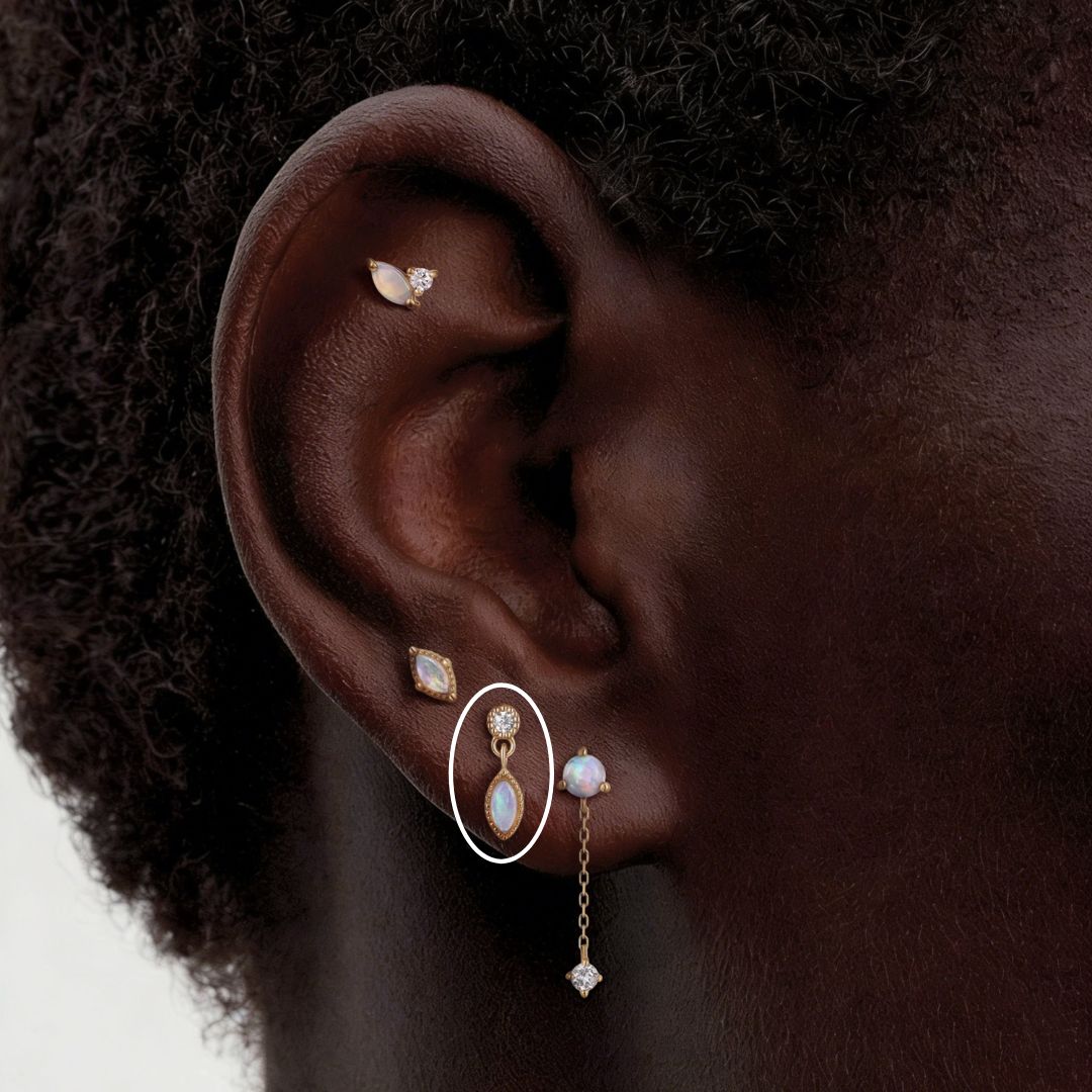 14K Solid Yellow Gold Opal Marquise Dangle Flat Back Piercing