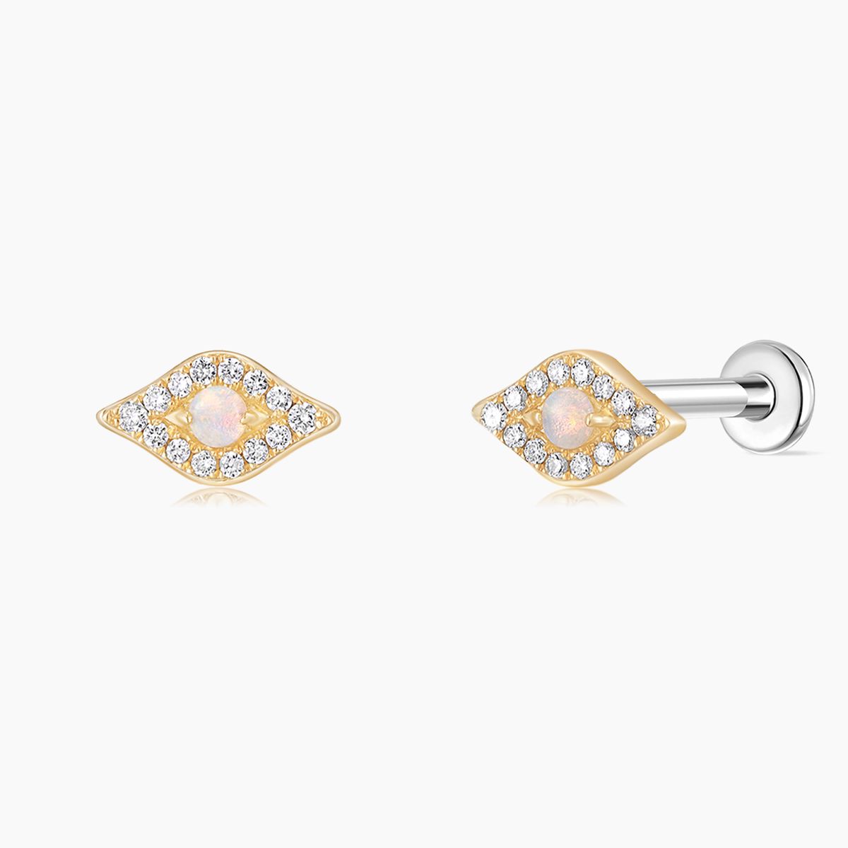 14K Solid Yellow Gold Opal Marquise Flat Back Piercing Stud