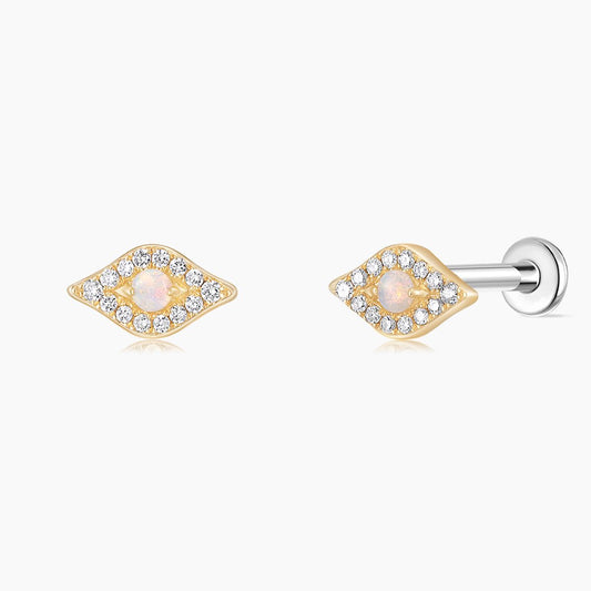 14K Solid Yellow Gold Opal Marquise Flat Back Piercing Stud