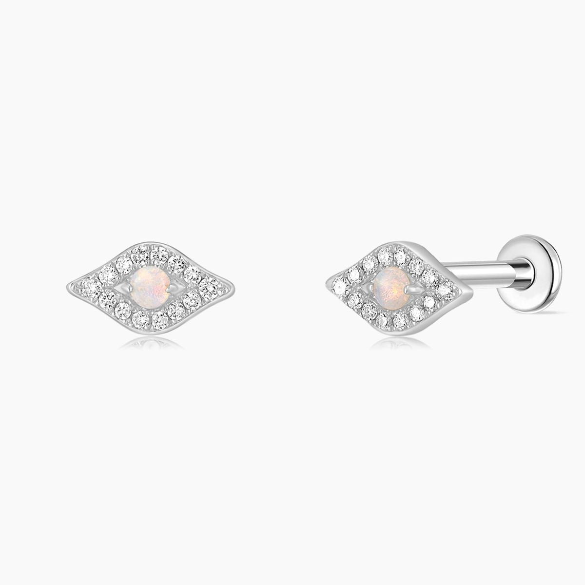 14K Solid White Gold Opal Marquise Flat Back Piercing Stud