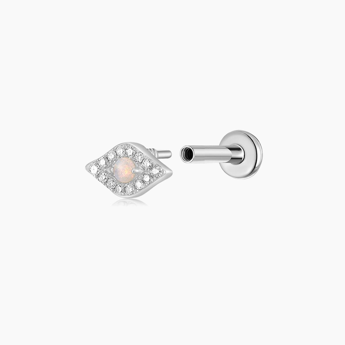 14K Solid White Gold Opal Marquise Flat Back Piercing Stud