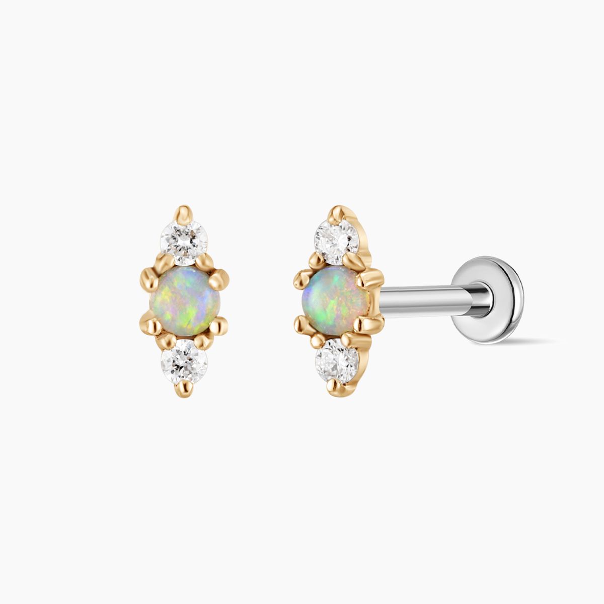 14K Solid Yellow Gold Opal Vertical Flat Back Stud