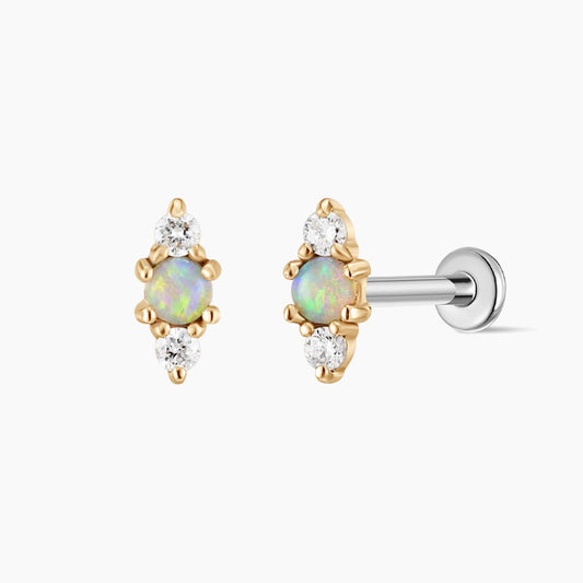 14K Solid Yellow Gold Opal Vertical Flat Back Stud