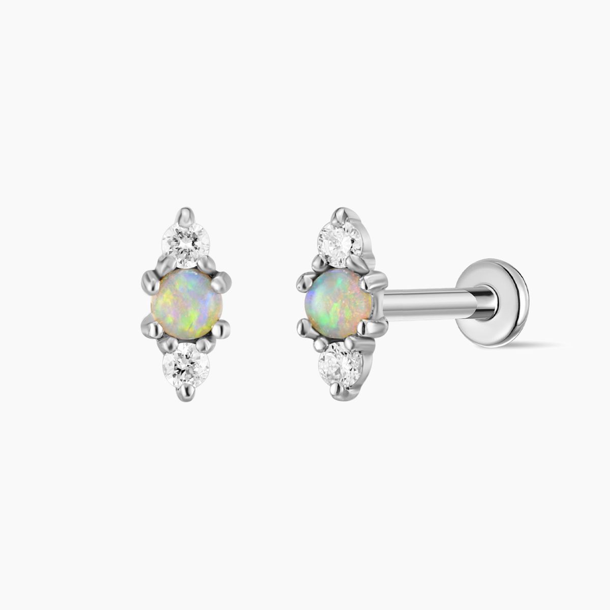 14K Solid White Gold Opal Vertical Flat Back Stud