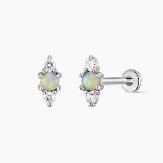 14K Solid White Gold Opal Vertical Flat Back Stud