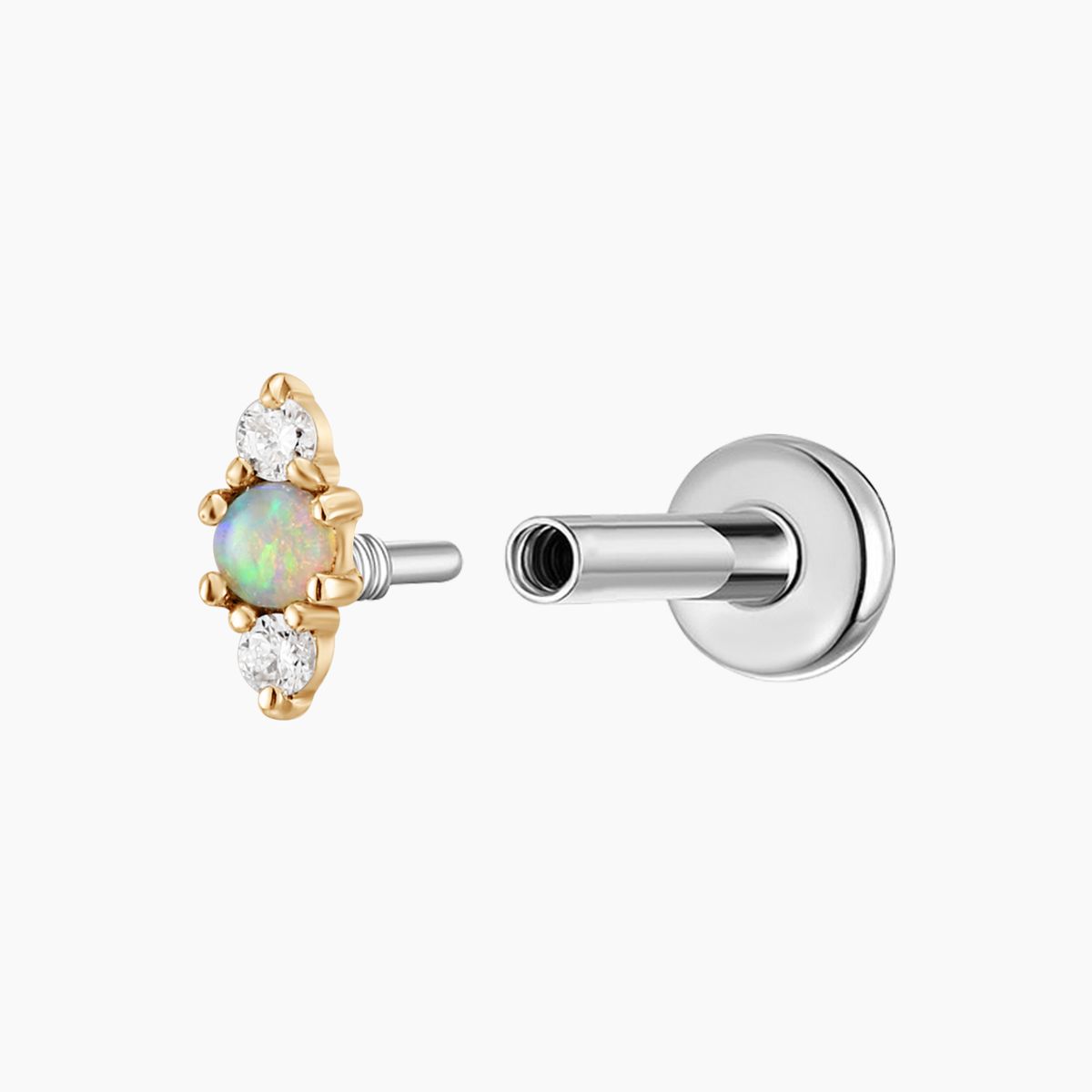 14K Solid Yellow Gold Opal Vertical Flat Back Stud