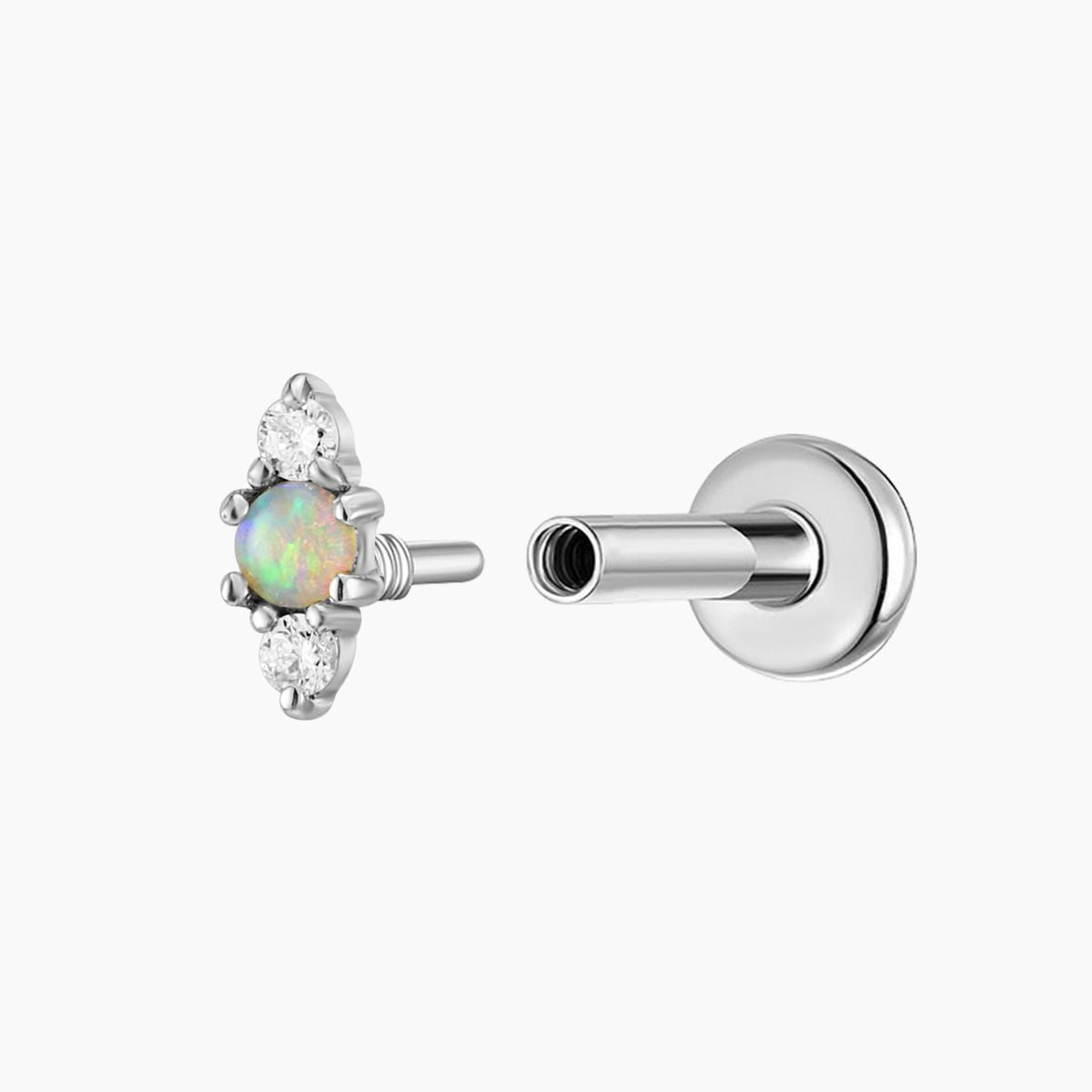 14K Solid White Gold Opal Vertical Flat Back Stud