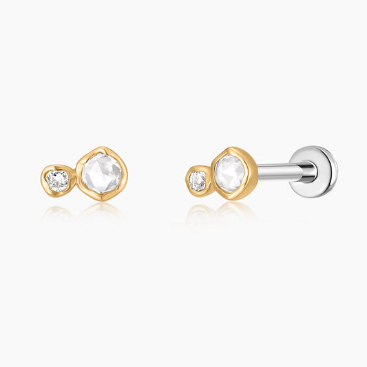 14K Solid Yellow Gold Organic Duo Stone Flat Back Stud & Titanium Post