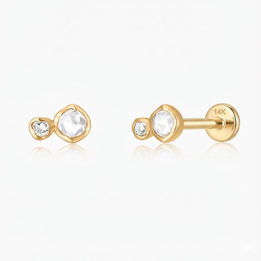 14K Solid Yellow Gold Organic Duo Stone Flat Back Stud & Solid Gold Post