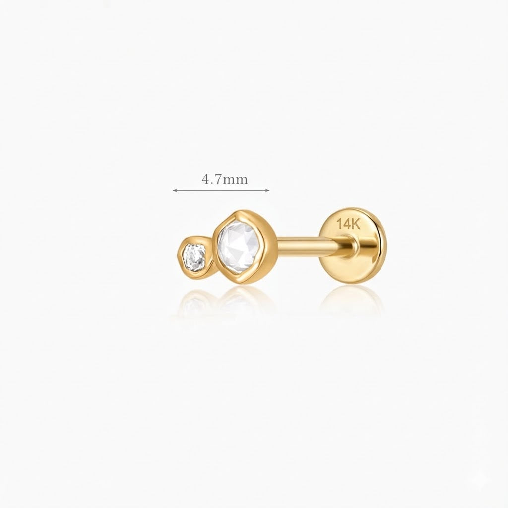 14K Solid Yellow Gold Organic Duo Stone Flat Back Stud & Solid Gold Post