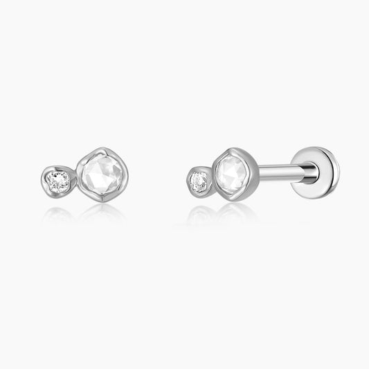 14K Solid White Gold Organic Duo Stone Flat Back Stud & Titanium Post