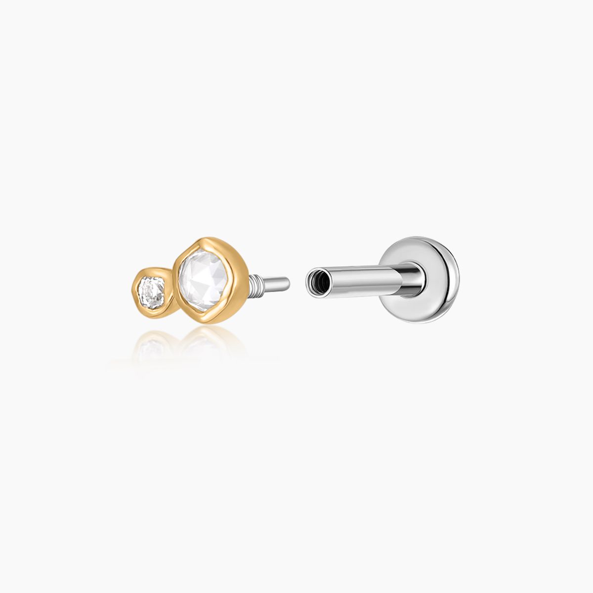 14K Solid Yellow Gold Organic Duo Stone Flat Back Stud & Titanium Post
