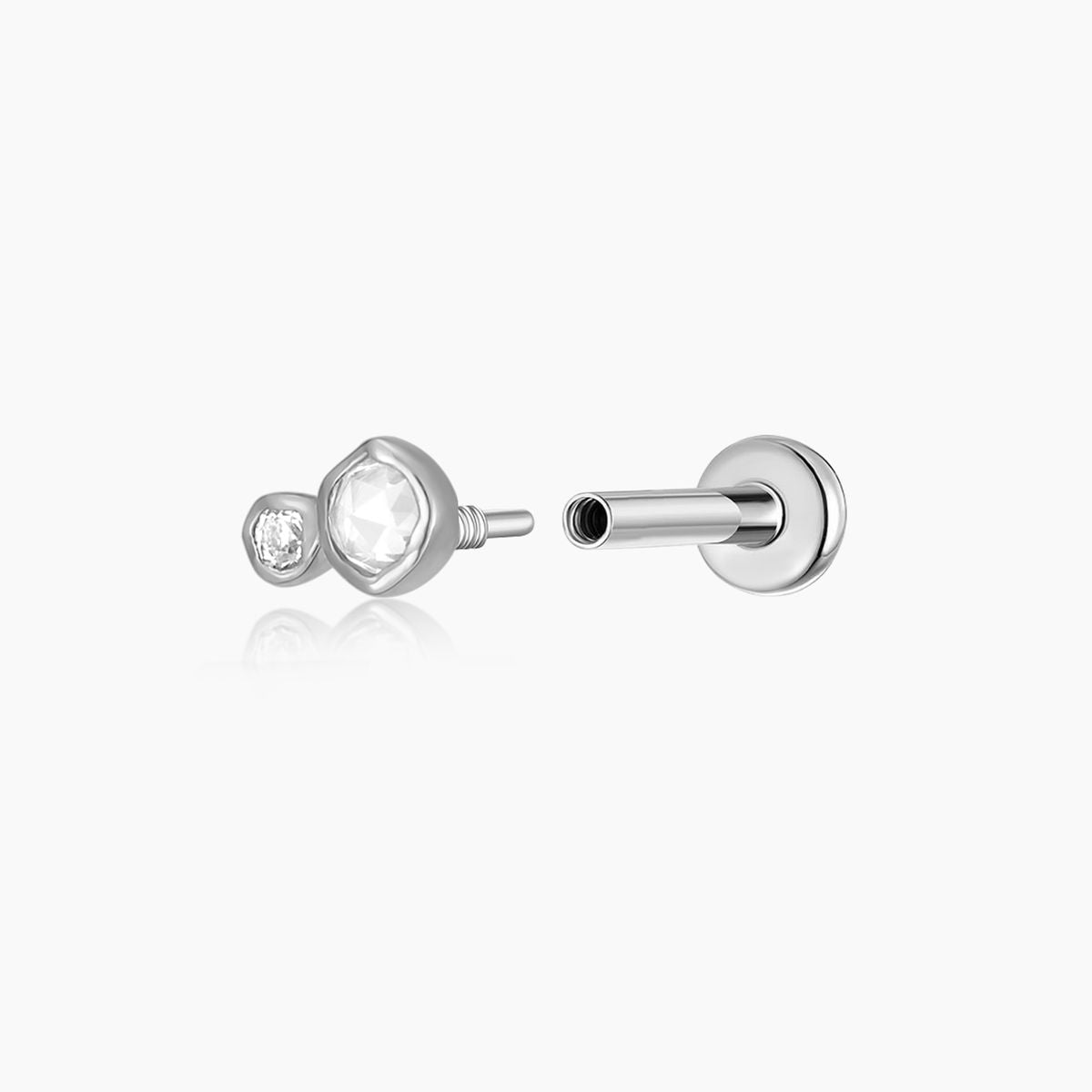 14K Solid White Gold Organic Duo Stone Flat Back Stud & Titanium Post
