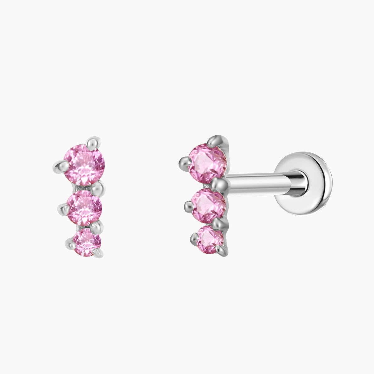 14K Solid White Gold Pink Round Ruby Vertical Bar Flat Back