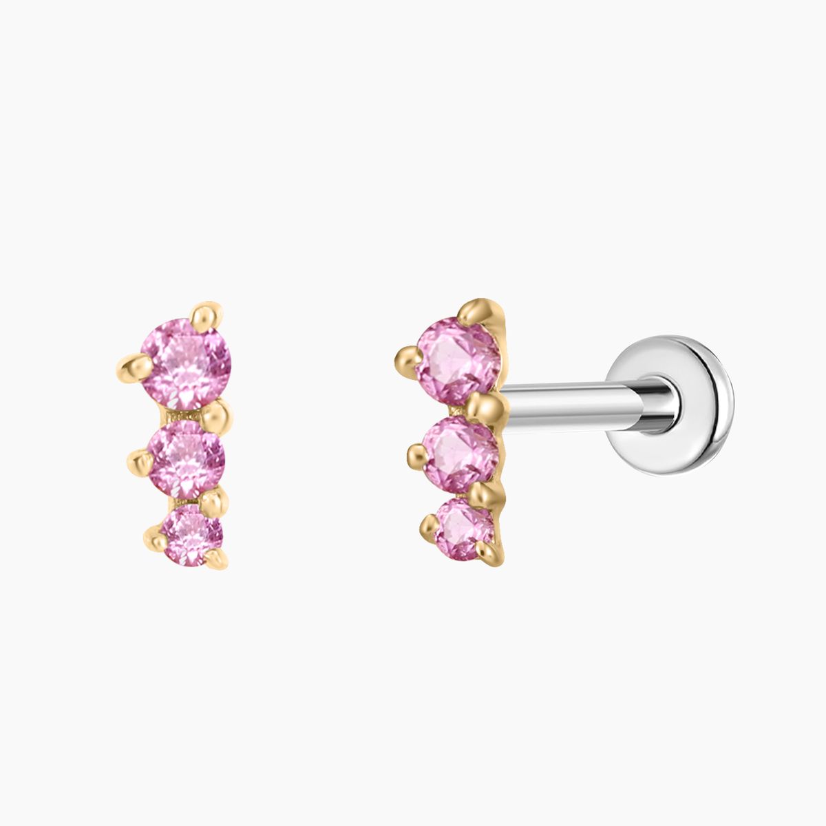 14K Solid Yellow Gold Pink Round Ruby Vertical Bar Flat Back