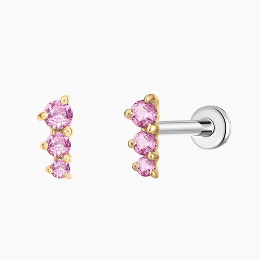 14K Solid Yellow Gold Pink Round Ruby Vertical Bar Flat Back