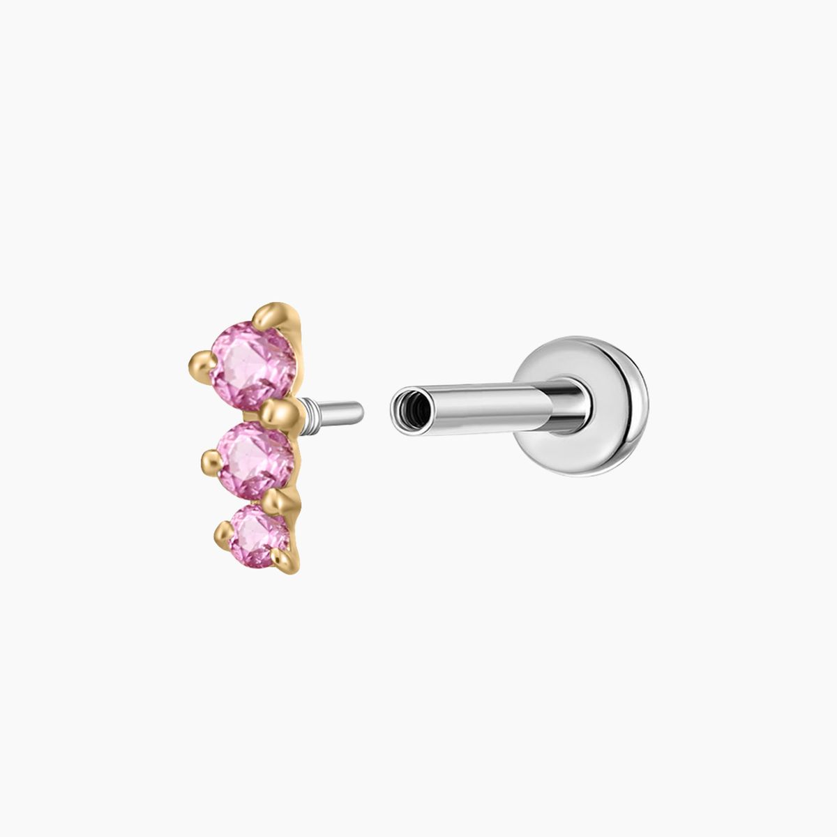 14K Solid Yellow Gold Pink Round Ruby Vertical Bar Flat Back