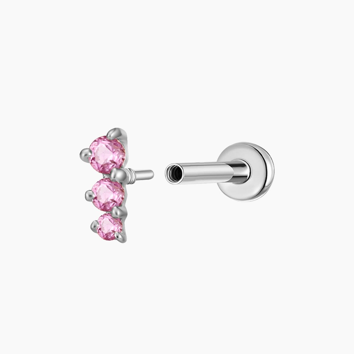 14K Solid White Gold Pink Round Ruby Vertical Bar Flat Back