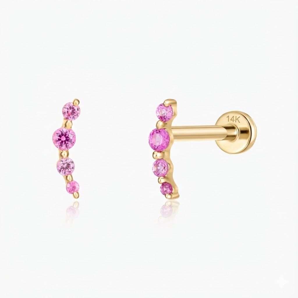 14K Solid Yellow Gold Ruby Curve Flat Back Stud & Solid Gold Post