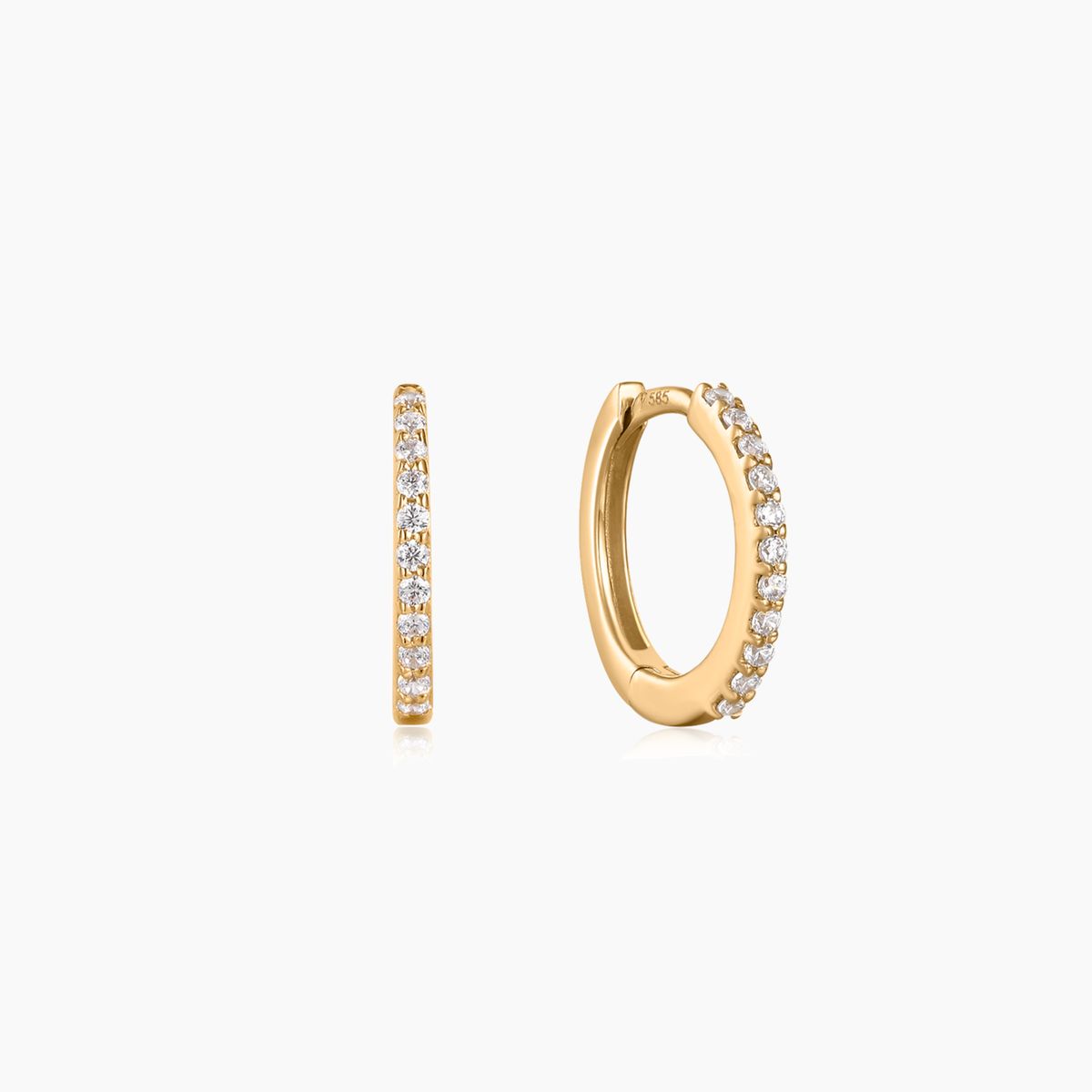 14K Solid Yellow Gold Slim Pavé Huggie Hoops