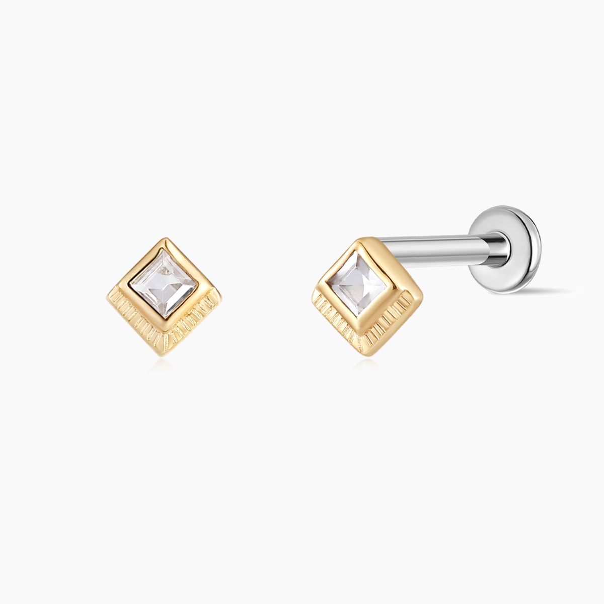 14K Solid Yellow Gold Square-Cut Cartilage Stud