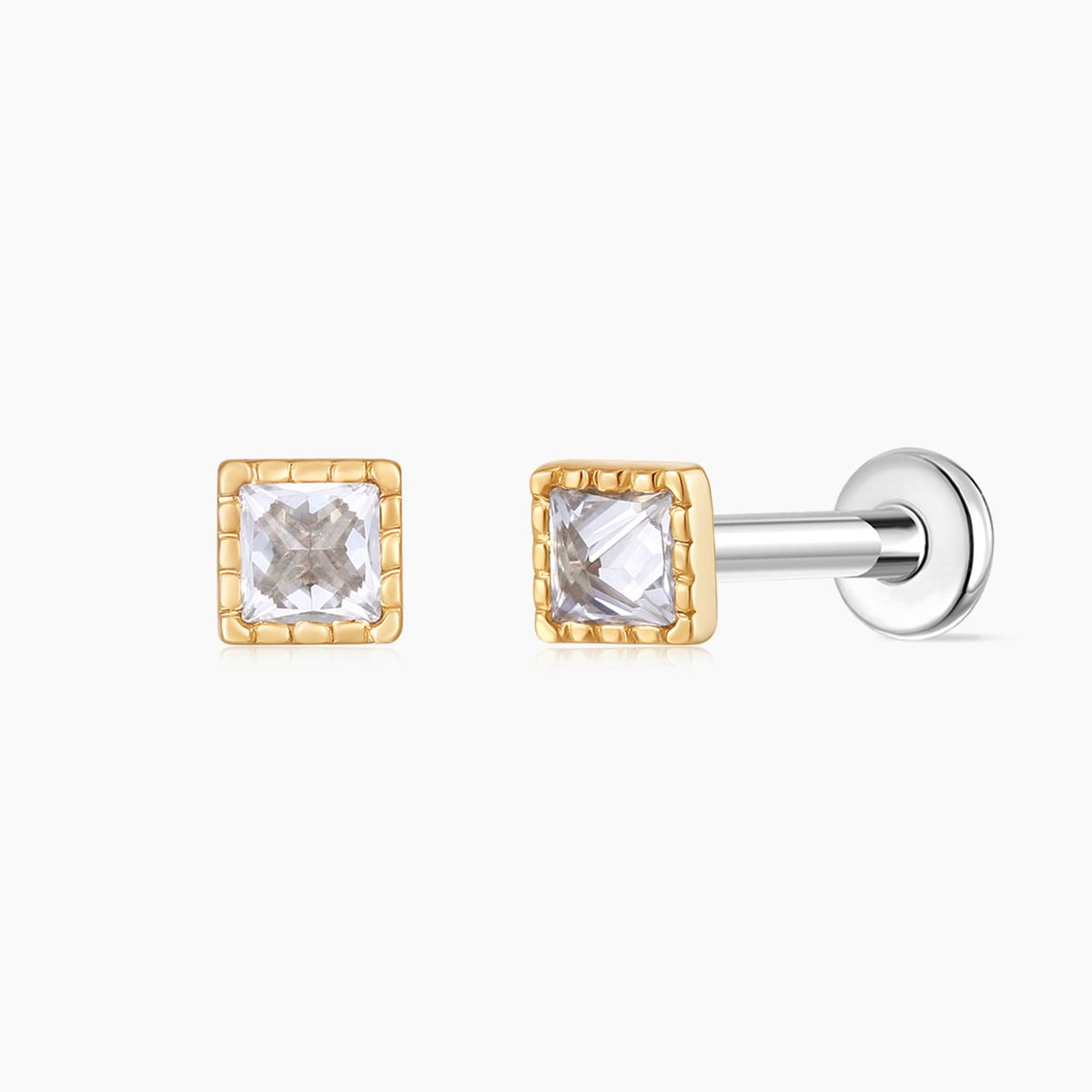 14K Solid Yellow Gold Square-Cut Textured Flat Back Piercing Stud