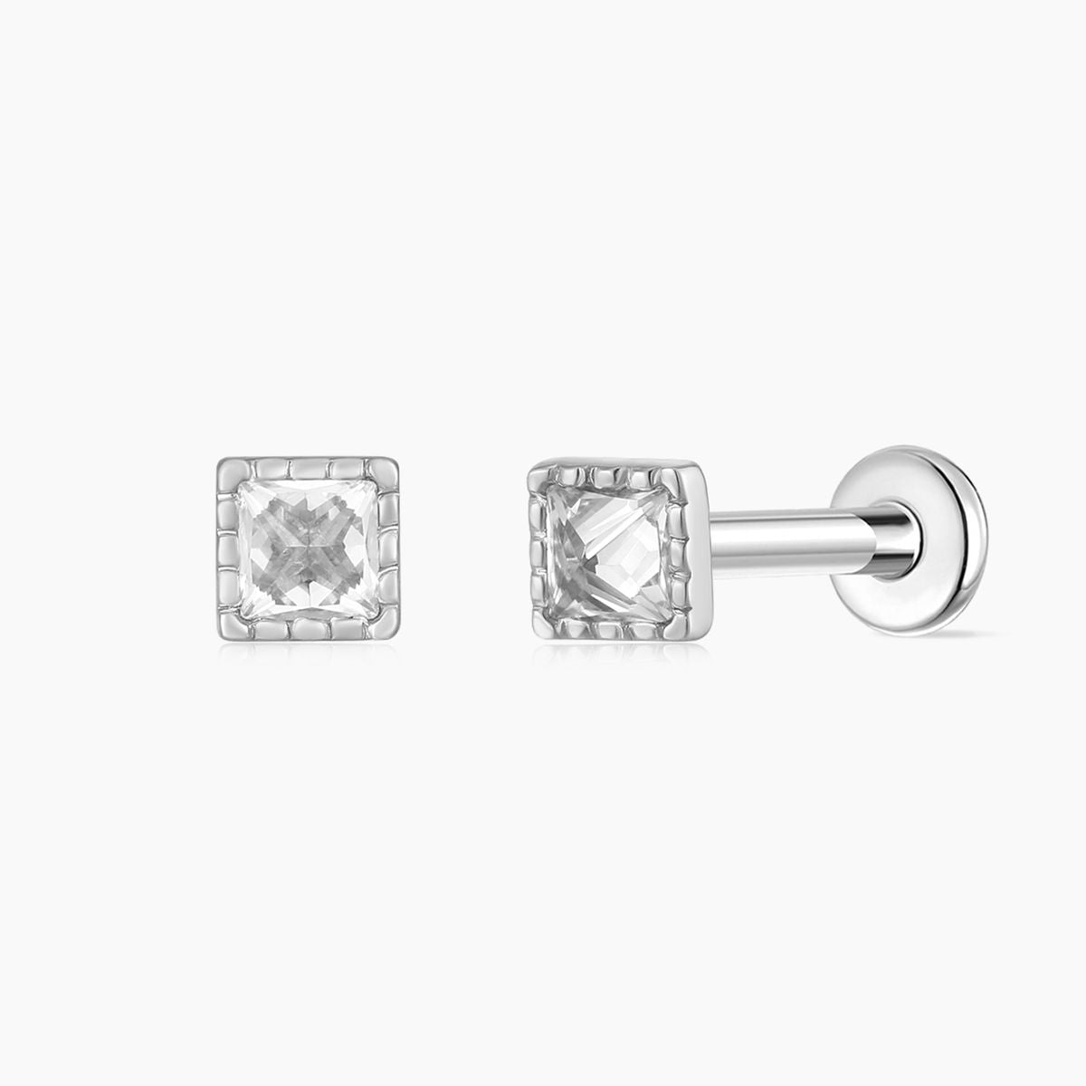 14K Solid White Gold Square-Cut Textured Flat Back Piercing Stud