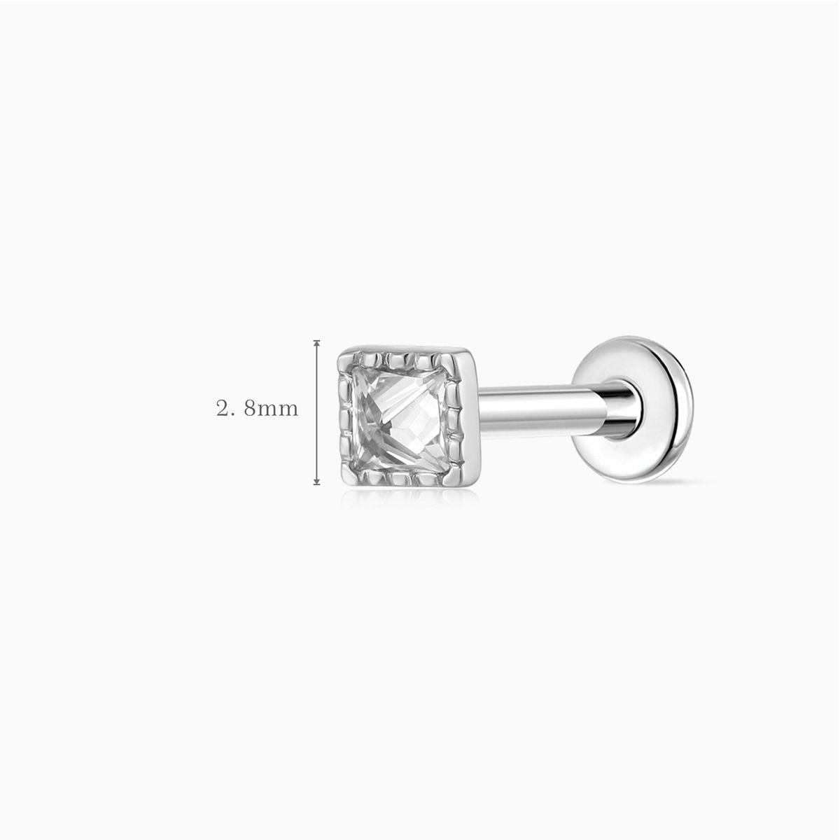 14K Solid White Gold Square-Cut Textured Flat Back Piercing Stud