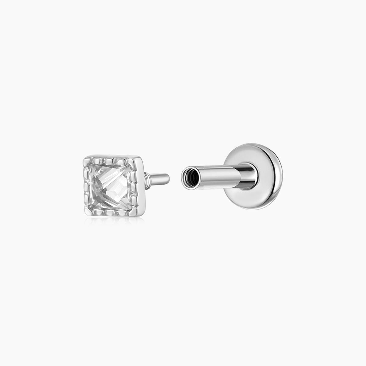 14K Solid White Gold Square-Cut Textured Flat Back Piercing Stud