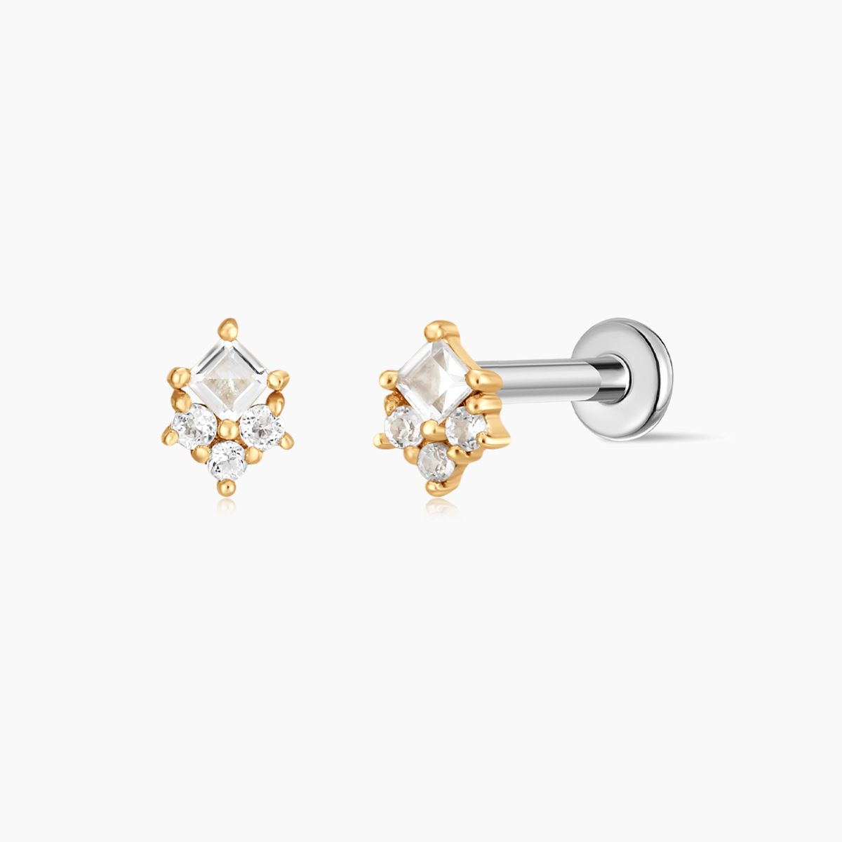 14K Solid Yellow Gold Square & Cluster Stud