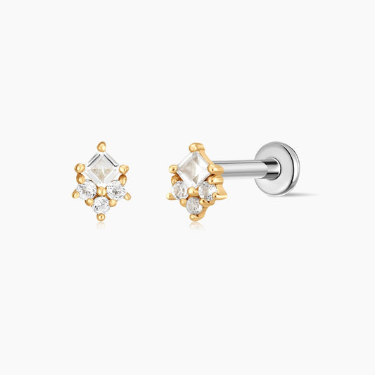 14K Solid Yellow Gold Square & Cluster Stud